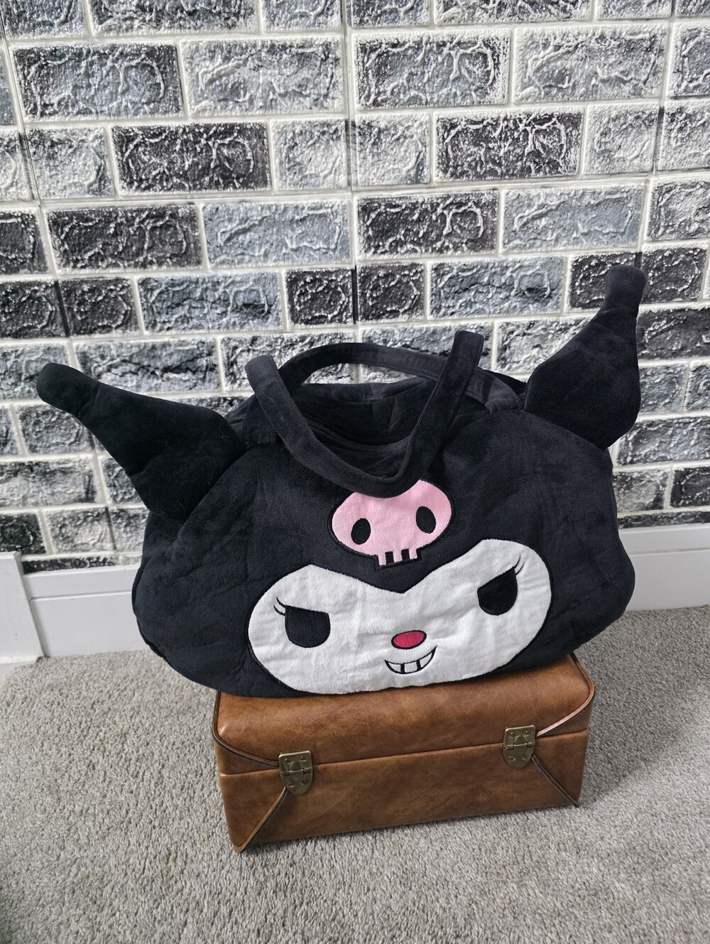 Sanrio Kuromi Black Character Plush Tote with Pink Skull Accent